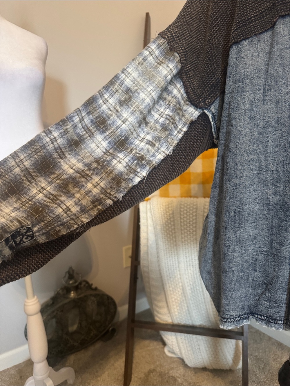 BKE Brown Knit Button-Down with Plaid Yoke and Distressed Denim Trim - Picture 6 of 8